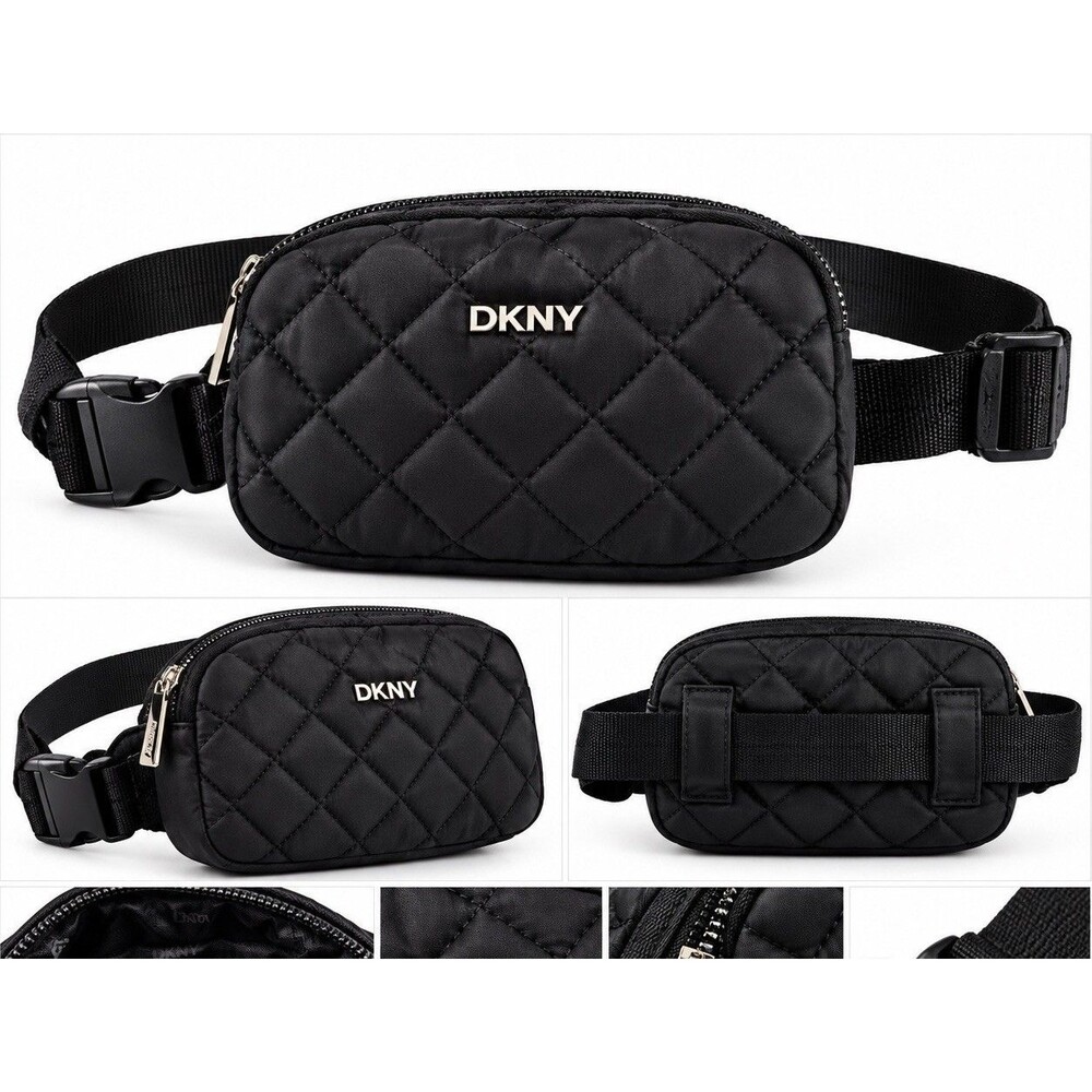 DKNY Black Quilted Belt Bag Adjustable Fanny Pack Silver Logo Waist Bag Pouch